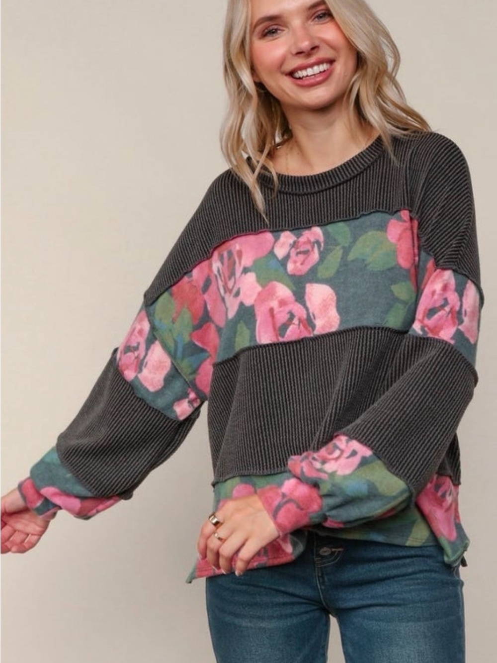 Haptics Floral-Trim Ribbed Pullover Sweater - Pink & Charcoal Sz 2X